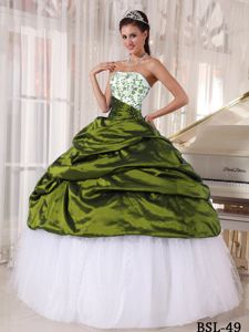 Gorgeous Olive Green and White Quinceanera Dress with Pick-ups and Embroidery