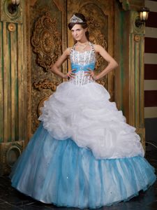 Latest Halter Beaded White and Blue Quinces Dresses in Rosario Argentina