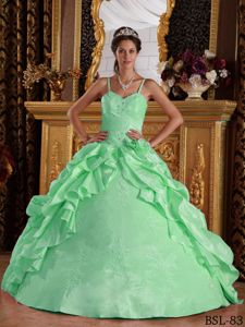 Apple Green Straps Beading and Hand Made Flowers Quinceanera Gown Dress