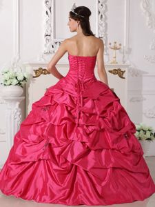Coral Red Sweetheart Taffeta with Beading and Pick-ups Quinceanera Dress
