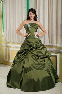 Olive Green Strapless Long Dresses for Quince with Appliques and Pick-ups