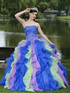 Unique Colorful Appliqued Strapless Full-length Quince Dress with Ruffles