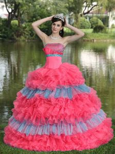Lovely Multi-color Beaded Strapless Floor-length Quince Dress with Ruffles