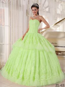 Pretty Yellow Green Appliqued Sweetheart Full-length Dress For Quince