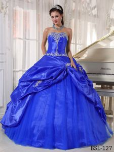 Blue Appliqued Strapless Long Quinceanera Gown with Pick-ups in Duluth