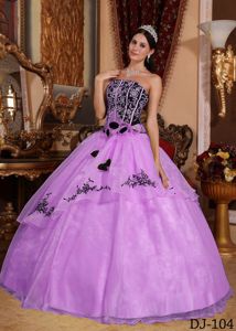 Lilac and Black Embroidery and Flowers Quinceanera Gown Dresses