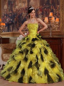 Strapless Floor-length Organza Quince Dress in Yellow and Black in Mayari