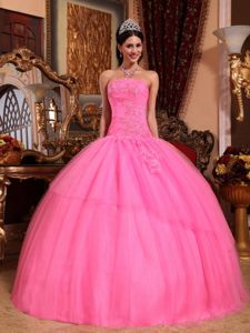 Strapless Tulle Appliqued Rose Pink Quince Dress with Beading in Paraiso