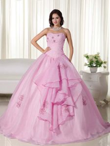 Baby Pink Strapless Organza Quinceanera Dress with Embroidery in Brisbane