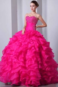 Coral Red Sweetheart Organza Beaded Quinceanea Dress with Ruffles