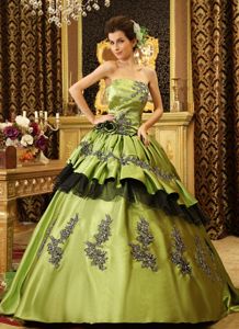 Strapless Olive Green Appliques Quinceanera Dress with Court Train