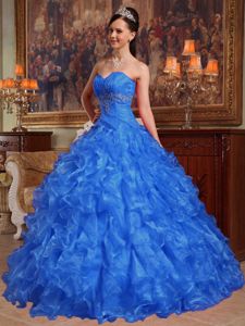 Elegant Sweetheart Organza Beaded Blue Dress for Sweet 15 in Charleston SC