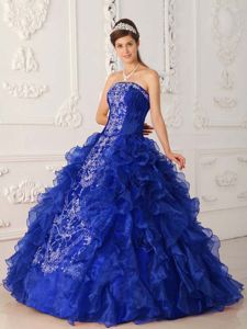 Royal Blue Strapless Organza Quinceanera Dress with Embroidery in Providence RI