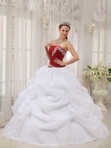 White and Wine Red Strapless Taffeta and Organza Appliques Quinceanera Dresses