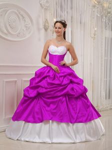 Fuchsia and White Taffeta Quinceanera Dress with Beading and Pick-ups in Irving