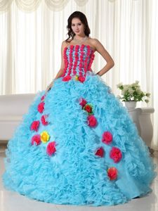 Unique Blue Strapless Long Dresses For Quinceanera with Flowers and Ruffles