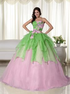 Green and Pink Beaded Strapless Long Sweet Sixteen Dresses with Flowers