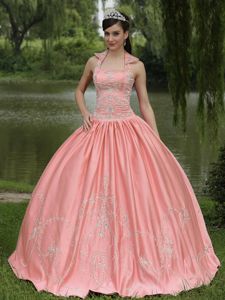 Special Halter Watermelon Long Quince Dresses with Appliques in Boone