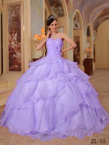 Lavender Lace-up Long Quinces Dresses with Flower and Layers in Duluth