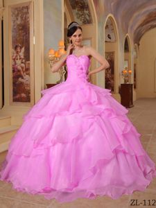 Sweetheart Rose Pink Full-length Quinceanera Dresses with Flower and Layers