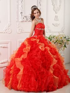 Sweetheart Red Floor-length Quinceanera Gowns with Ruffles and Beading