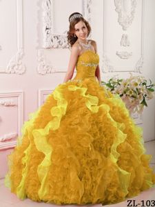Gold Beaded Sweetheart Full-length Quinceanera Dress with Ruffles in Warren