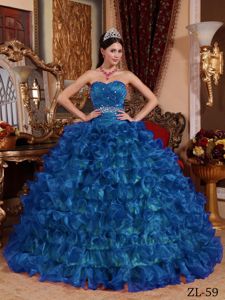 Peacock Blue Beaded Sweetheart Long Sweet Sixteen Dresses with Ruffles