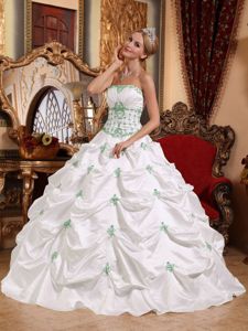 White Taffeta Strapless Sweet 16 Dress with Green Appliques in Albuquerque