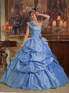 One Shoulder Hand Flowery Aqua Blue Quinceanera Gowns with Pick Ups