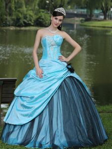 Unique Strapless Baby Blue Long Quinces Dress with Flower and Pick-ups