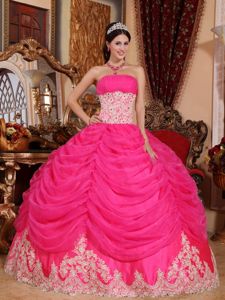 Hot Pink Ruched Strapless Floor-length Dress for Quince with Pick-ups