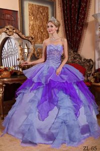 Purple Sweetheart Floor-length Quince Dresses with Ruches and Ruffles