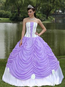 Cheap Lavender Strapless Dress For Quinceanera with Pick-ups and Flower