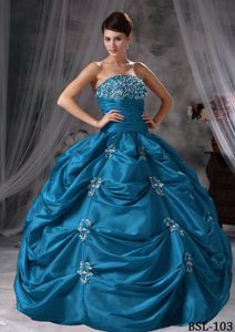 Blue Strapless Floor-length Sweet Sixteen Dresses with Beading and Pick-ups