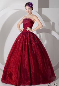 Wine Red Strapless A-line Floor-length Quinceanera Gown with Lace Up Back