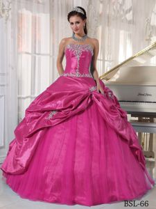 Exquisite Hot Pink Strapless Taffeta and Tulle Appliques Quinceanera Dress in Springfield