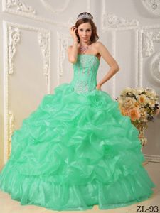 Awesome Apple Green Strapless Organza Beaded Quinceanera Dress in Waukesha
