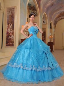 Aqua Blue Strapless Bows Sequins and Organza Dress for Quince in McLean VA