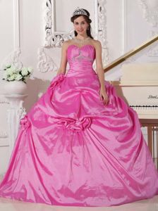 Hot Pink Sweetheart Beaded Sweet 15 Dress with Hand Flowers in Victoria