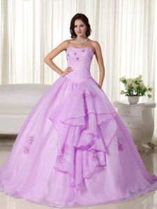 Strapless Floor-length Organza Embroidered Quince Dress Lavender
