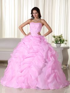 Pink Strapless Floor-length Organza Quinceanera Dress with Beading