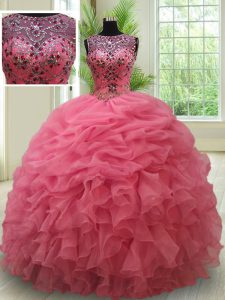 Scoop Pick Ups See Through Floor Length Pink Quince Ball Gowns Bateau Sleeveless Lace Up