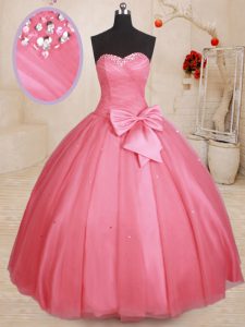 Tulle Sweetheart Sleeveless Lace Up Beading and Bowknot Sweet 16 Dresses in Pink