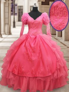 Comfortable Half Sleeves Floor Length Zipper Quinceanera Dresses Pink for Military Ball and Sweet 16 and Quinceanera with Beading and Embroidery and Ruffled Layers