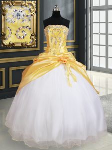Discount Yellow And White Strapless Lace Up Beading and Pick Ups and Hand Made Flower Quince Ball Gowns Sleeveless