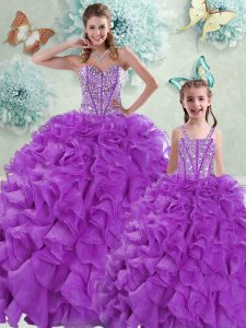 Eggplant Purple Organza Lace Up Quinceanera Gowns Sleeveless With Brush Train Beading and Ruffles