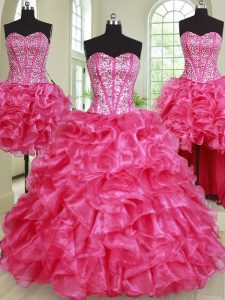 Four Piece Hot Pink Sleeveless Floor Length Beading and Ruffles Lace Up Vestidos de Quinceanera