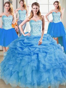 Beauteous Four Piece Blue Sleeveless Beading and Ruffles and Pick Ups Floor Length Sweet 16 Dress