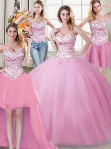 Extravagant Four Piece Rose Pink Lace Up Ball Gown Prom Dress Beading Sleeveless Floor Length