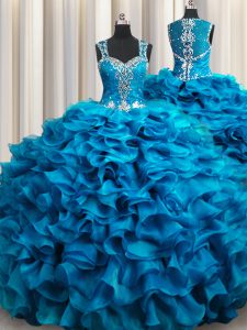 Luxurious Zipple Up See Through Back Organza Straps Sleeveless Zipper Beading and Ruffles 15th Birthday Dress in Teal